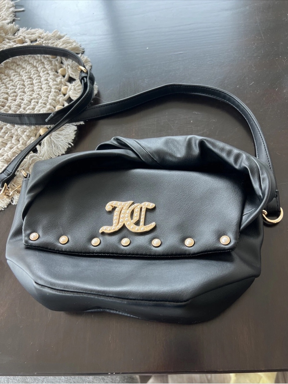 Black Pearl-Embellished Crossbody Bag by juicy bow clutch nwot